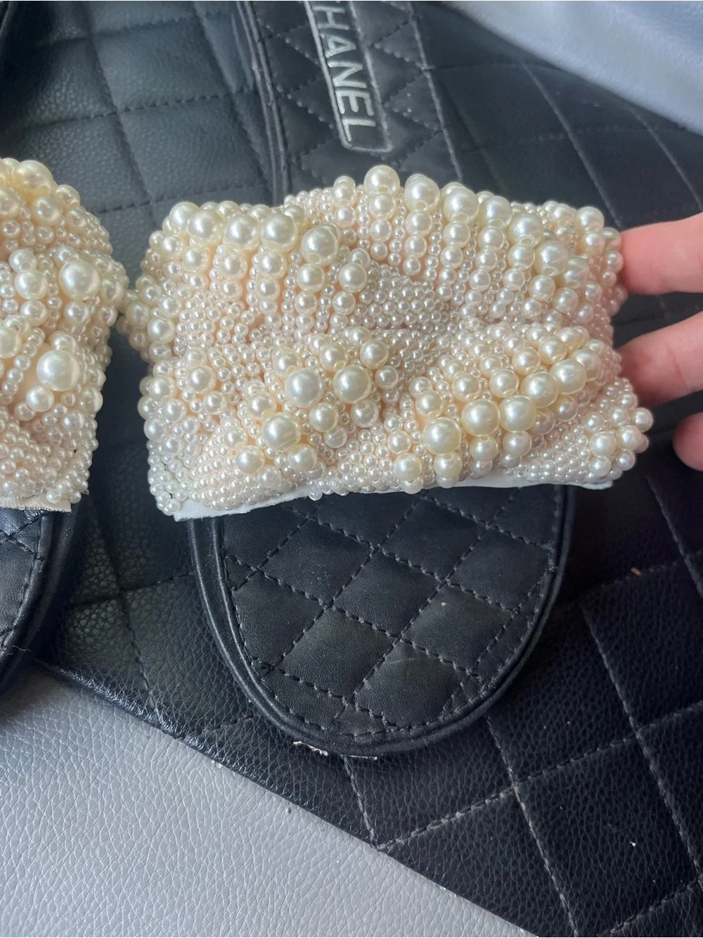 CHANEL Pearl-Embellished Black Slide Sandals with Ivory Beaded Straps
